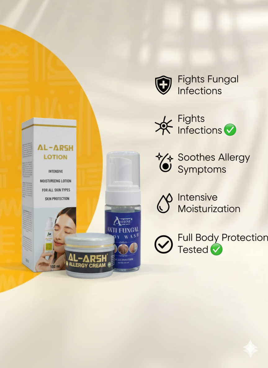 Al Arsh & ASB Complete Allergy Care Combo | Anti Allergy Cream + Anti Allergy Lotion + Anti Fungal Bodywash
